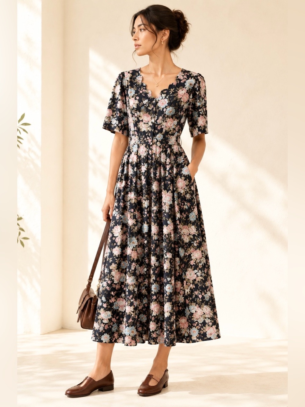 Vintage 90s Floral Cotton Maxi Dress Heart Buttons down Navy Roses print Sz 16